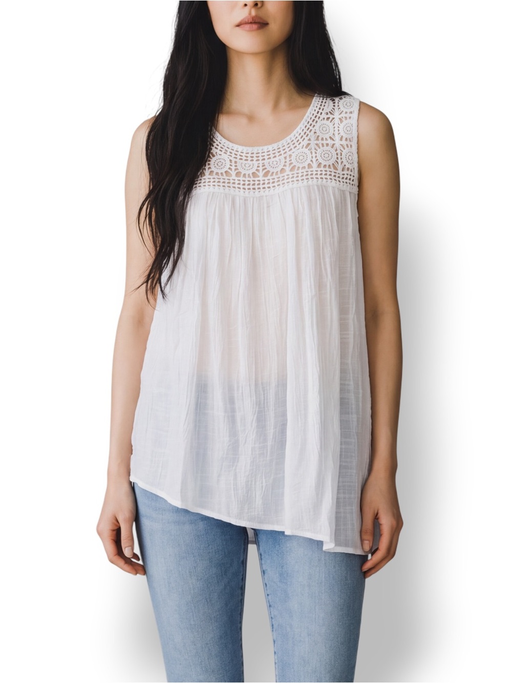 4/$20 Oso Casuals White Crochet Lace Gauze Asymmetrical Hem Boho Tunic Top Large